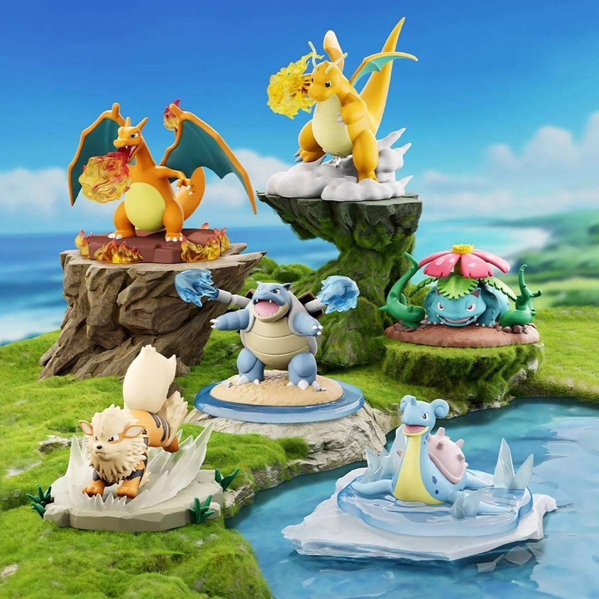 Pokémon Battle Moment – Charizard, Blastoise, Venusaur, Dragonite, Lapras e Arcanine; un diorama casuale per blind box