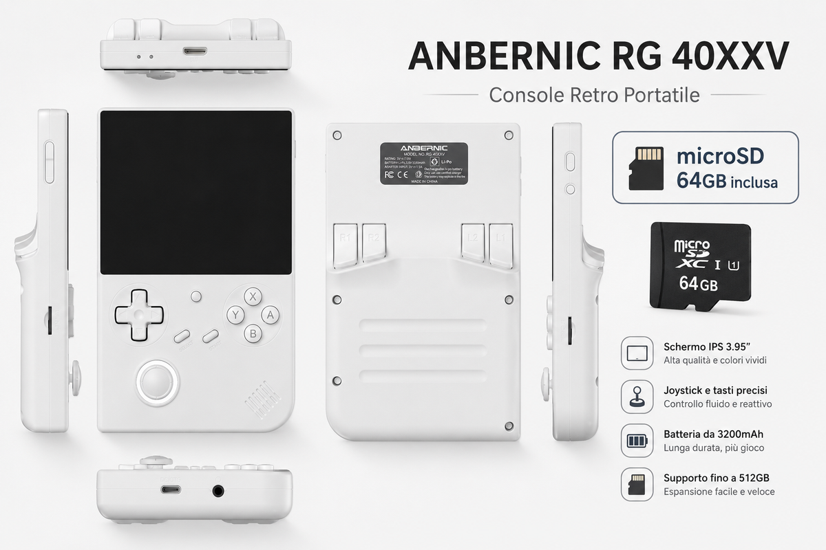 ANBERNIC RG40XX V 64GB console retro portatile bianca con display IPS 4 pollici